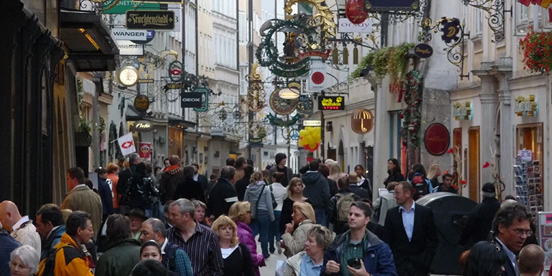 Getreidegasse with wrought-iron shop signs