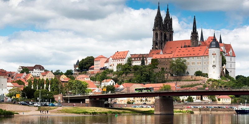 The Albrechtsburg and cathedral rising above the town and the bridge over the Elbe