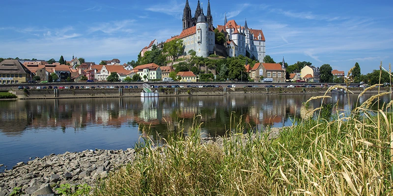 The Albrechtsburg and cathedral reflected in the Elbe, with reeds in the foreground