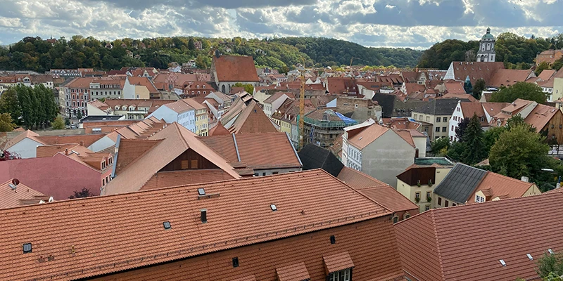 Rooftop panorama over Meissen's old town with the cathedral tower in the distance