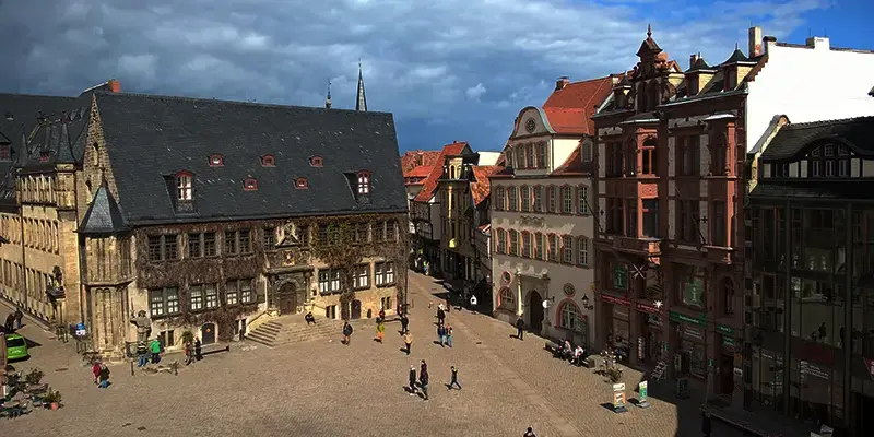 Quedlinburg market square seen from above with the town hall and merchant houses