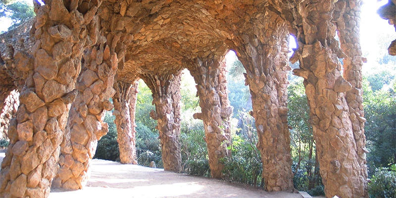 Gingerbread-style gatehouses at Parc Güell entrance