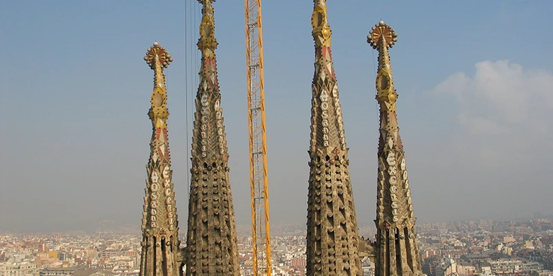 View from Sagrada Família tower looking down at the spires
