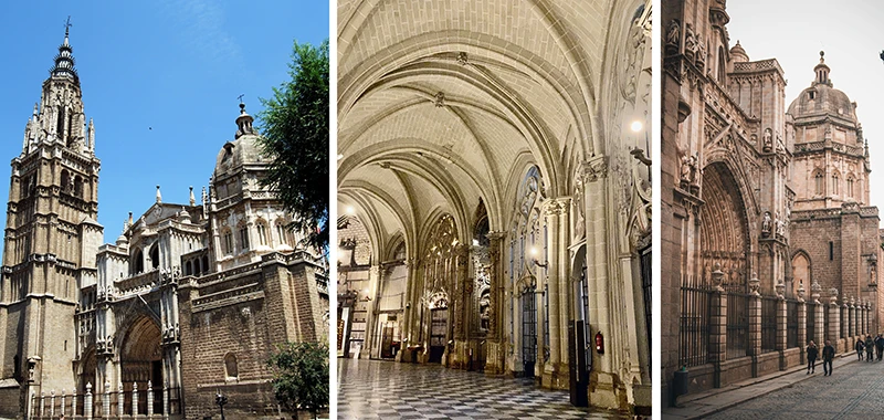 Toledo Cathedral facade with Gothic doorways and City Hall across the plaza