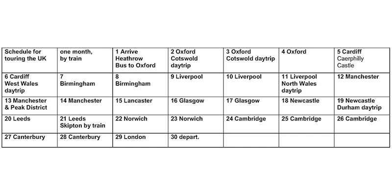 UK travel calendar