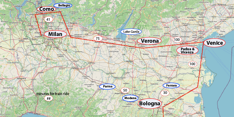 Northern Italy tour route map